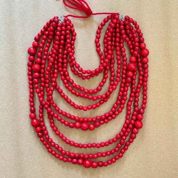 Multi-Layered Red Handmade Ukrainian Namysto Necklace, Red Ukrainian Wooden Jewellery, Vyshyvanka Accessory
