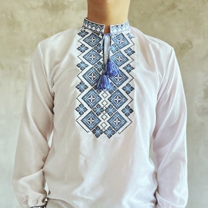 XS-5XL Traditional Ukrainian Vyshyvanka Shirt with Blue Embroidery, Long Sleeve Sorochka Shirt for Men, Embriodered Folk Ukrainian Shirt