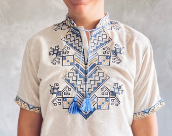 Chemise Vyshyvanka brodée à manches courtes en lin, chemise ukrainienne d'été moderne pour homme