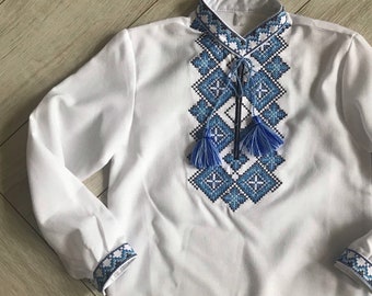 2-10YO Cotton Ukrainian Blue Embriodered Vyshyvanka Boys Shirt, Ukrainian Boys Sorochka Embroidery