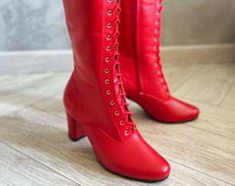 Red Folk Ukrainian Woman Boots, Ukrainian Dancing Boots for Woman, Classical Traditional Ukrainian Boots