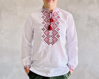 Chemise vyshyvanka traditionnelle ukrainienne avec broderie rouge, chemise Sorochka à manches longues pour homme, mode masculine ukrainienne