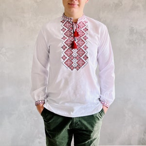 Traditional Ukrainian Vyshyvanka Shirt with Red Embroidery, Long Sleeve Sorochka Shirt for Men, Ukrainian Men's Fashion