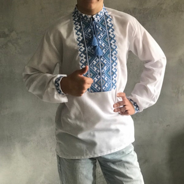 XXS-7XL Modern Elegant Ukrainian Shirt, Vyshyvanka Shirt, Men Embriodered Sorochka Shirt, Ukrainian Shirt with Blue Embroidery