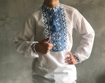 XXS-7XL Modern Elegant Ukrainian Shirt, Vyshyvanka Shirt, Men Embriodered Sorochka Shirt, Ukrainian Shirt with Blue Embroidery