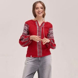 XS-4XL Gorgeous Crochet Red Ukrainian Embroidered Blouse, Elegant Red Vyshyvanka for Women, Red Knit Ethnic Ukrainian Blouse