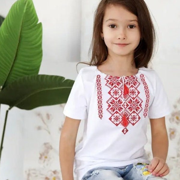 2-12YO Modern folk T-Shirt for Girls, Embroidered Tshirt with Flower Pattern, Vyshyvanka Girls' T-Shirt, Embroidered Girls Blouse Top