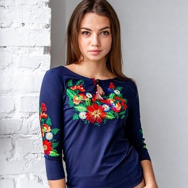 S-4XL Ukrainian Embroidered Vyshyvanka, Ukrainian Folk Shirt for Women, Blue Embroidered Women's Blouse, Modern Inspired Vyshyvanka