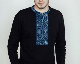 Black Embriodered Longsleeve for Men, Ukrainian Vyshyvanka Stretchy Top with Blue Embroidery, Black Vyshyvanka for Men