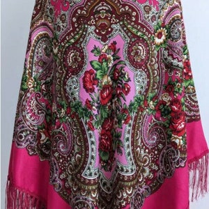 55"x55" Gorgeous Extra Large Floral Warm Scarf Shawl, Ukrainian Shawl with Tassels, Ethnic Ukrainian Shawl with Flowers