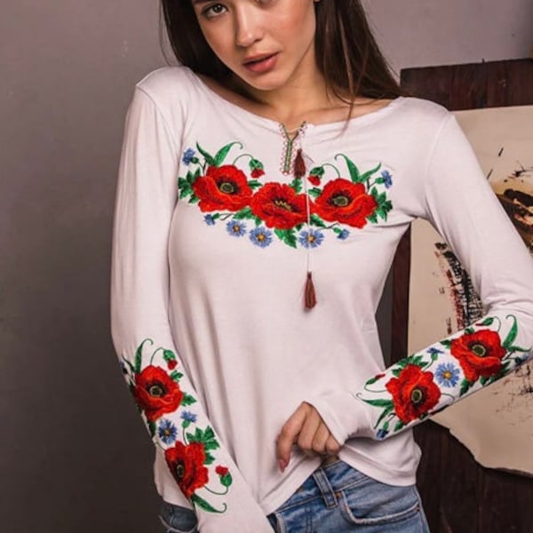 S-3XL Embroidered White Boho Blouse, Flower Embroidered Ukrainian Top, Ukrainian Floral Embroidery Blouse, Bohemian Embroidered Blouse