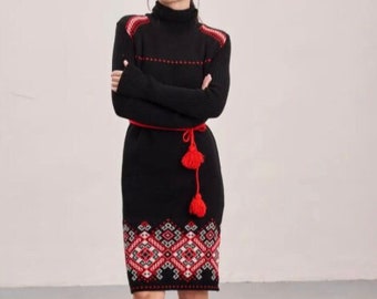 Bleistiftkleid, langes Winter-Herbst-Pulloverkleid, hochwertiges ukrainisches Kleid mit langen Ärmeln, modernes Oversize-Bleistiftkleid