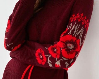 Oversize Long Winter Fall Sweater Dress, Long Sleeves Dress with Flowers, Modern Oversize Dress with Embroidery