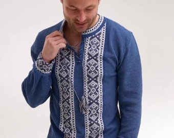 S-4XL Modern Embroidered Knitted Ukrainian Shirt for Men, Knitted Vyshyvanka with Red Embroidery, Vyshyvanka Shirt for Man