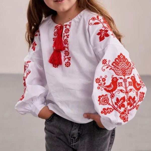 Modern Ukrainian Blouse for Girls, Red Embroidered Kids Blouse in Boho Style, Vyshyvanka Girls, Embroidered Girls Blouse Top