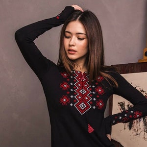 S-3XL Gorgeous Folk Noveau Embroidered Shirt, Balck Vyshyvanka Blouse, Bohemian Top with Embroidery, Black Boho Blouse, Ukrainian Blouse