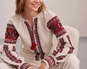 Modern Embroidered Knitted Ukrainian Blouse, Crochet Top with Red Embroidery, Boho Summer Blouse, Summer Vyshyvanka, Resort Style Blouse
