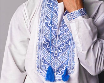 Modern Ukrainian Shirt for Men, Ukrainian Vyshyvanka, Sorochka with Blue Embroidery, Ukrainian Shirt Blue Embroidery, Embroidered Shirt