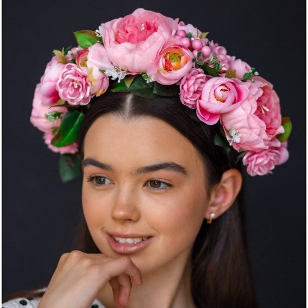 Luxury Ukrainian Floral Crown, Pink Flower Wreath, Ukrainian Gift, Wedding Wreath with Large Flowers, Boho Wreath, Frida Khalo Headband