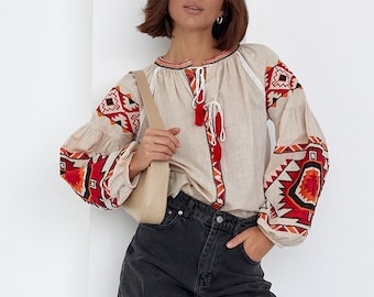 Folk Nouveau Embroidered Blouse, Summer Vyshyvanka, Boho Style Shirt for Women, Elegant Summer Resourt Blouse with Embroidery