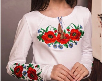 Ukrainian Girls Vyshyvanka, Girls' Stretchy Top with Flower Embroidery, Embroidered Boho Shirt for Girls