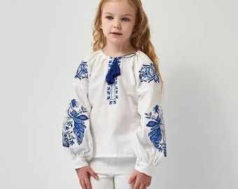 Flower Embroidered Ukrainian Shirt or Girls, Ukrainian Folk Blouse with Flowers, Slavic Top for Girl, Rich Flower Embroidery Blouse
