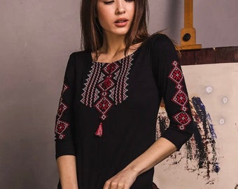 S-3XL Stylish Black Vyshyvanka, Folk Nouveau Blouse, Black Embroidered Shirt, Ukrainian Embroidered Clothes, Bohemian Black Blouse