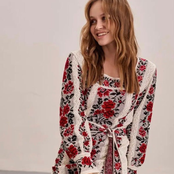 XS-4XL Modern Elegant Knitted Ukrainian Dress, Summer Dress with Flower Embroidery, Vyshyvanka Dress, Linen Resourt Dress