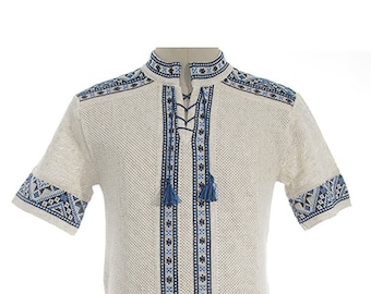 Summer Crochet Knit Short Sleeve Linen Vyshyvanka for Men, Ukrainian Shirt for Man, Embriodered Ukrainian Sorochka Shirt