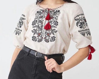 XXS-5XL Gorgeous Linen Ukrainian Embroidered Blouse, Elegant Vyshyvanka for Women with Black Embroidery, Ethnic Ukrainian Blouse