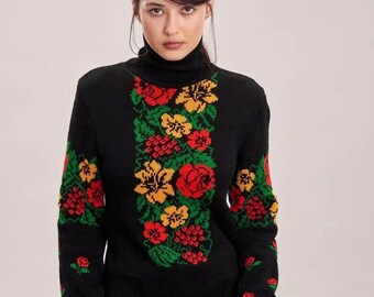 Oversize Lange Winter Herbst Pullover Kleid, Hochwertige Lange Ärmel Kleid mit Blumen, Modernes Oversize Kleid mit Stickerei