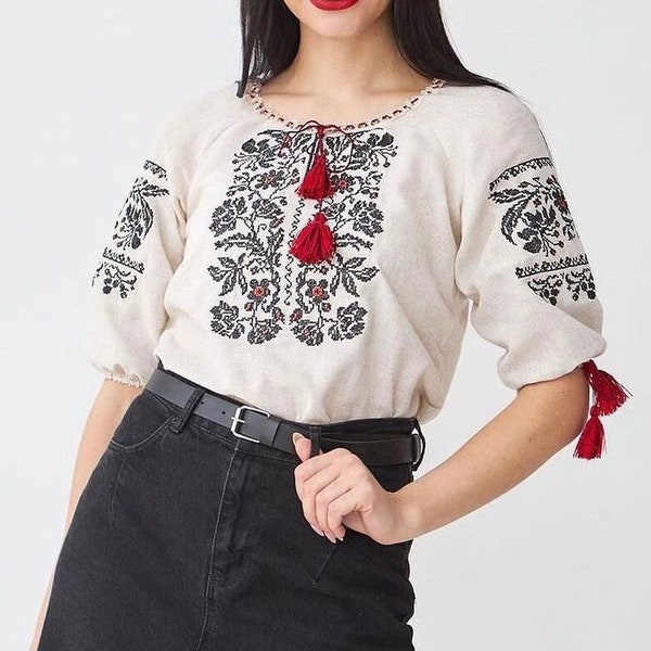 XXS-5XL Gorgeous Linen Ukrainian Embroidered Blouse, Elegant Vyshyvanka for Women with Black Embroidery, Ethnic Ukrainian Blouse