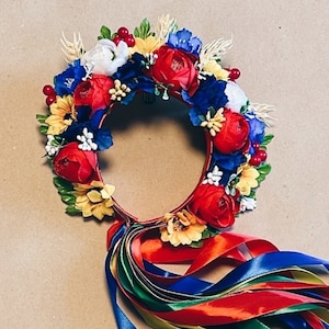 Luxury Flower Ukrainian Headband, Ukrainian Flower Wreath, Ukrainian Folk Head Attire, Traditional Vinok with Ribbons and Kolosky