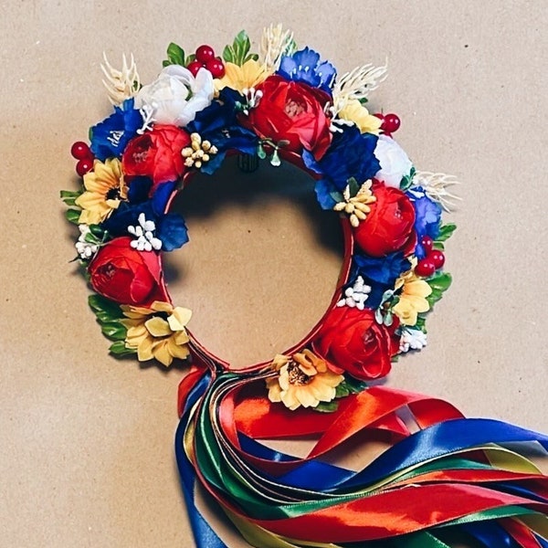 Luxury Flower Ukrainian Headband, Ukrainian Flower Wreath, Ukrainian Folk Head Attire, Traditional Vinok with Ribbons and Kolosky