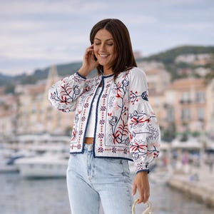 Chaqueta bohemia de verano con bordado floral para mujer - Chaqueta floral bohemia con top corto - Blazer abierto bohemio corto imagen 1