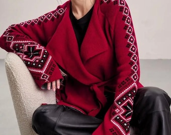 Gezellige geometrische cardigan-trui – hoogwaardige warmte en stijl met traditionele Oekraïense borduurmotieven