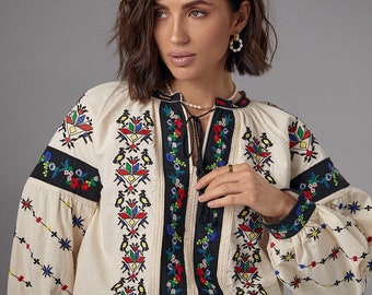 Bohemian Embroidered Blouse, Elegant Bohemian Blouse with Flower Embroidery, Embroidered Folk Nouveau Shirt for Woman, Resort Vacation Wear