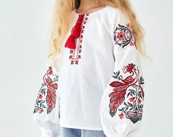 Modern Floral Ukrainian Blouse for Girls, Kids Vyshyvanka, Flower Embroidered Blouse in Boho Style, Embroidered Girls Blouse Top