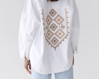 Embroidered White Boho Denim Jacket Shirt for Women, High Quality Denim Outware Jacket with Modern Embroidery