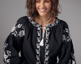 S-2XL Bohemian Style Black Embroidered Blouse, Boho Top for Women
