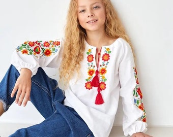 6-16YO Modern folk Blouse Girls, Flower Embroidered Blouse in Boho Style, Vyshyvanka Girls, Embroidered Girls Blouse Top