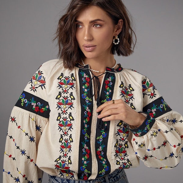 Bohemian Embroidered Blouse, Elegant Bohemian Blouse with Flower Embroidery, Embroidered Folk Nouveau Shirt for Woman, Resort Vacation Wear