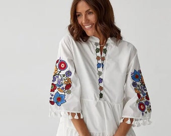 Magnifique robe folk nouveau brodée, robe brodée, robe de vacances d'été, robe de plage avec broderie florale