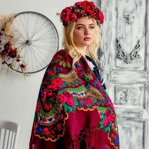 47"x47" Large Burgundy Floral Folk Shawl, Ethnic Ukrainian Skarf, Ukrainian Gift, Floral Shawl With Tassels, Ukrainian Souvenir