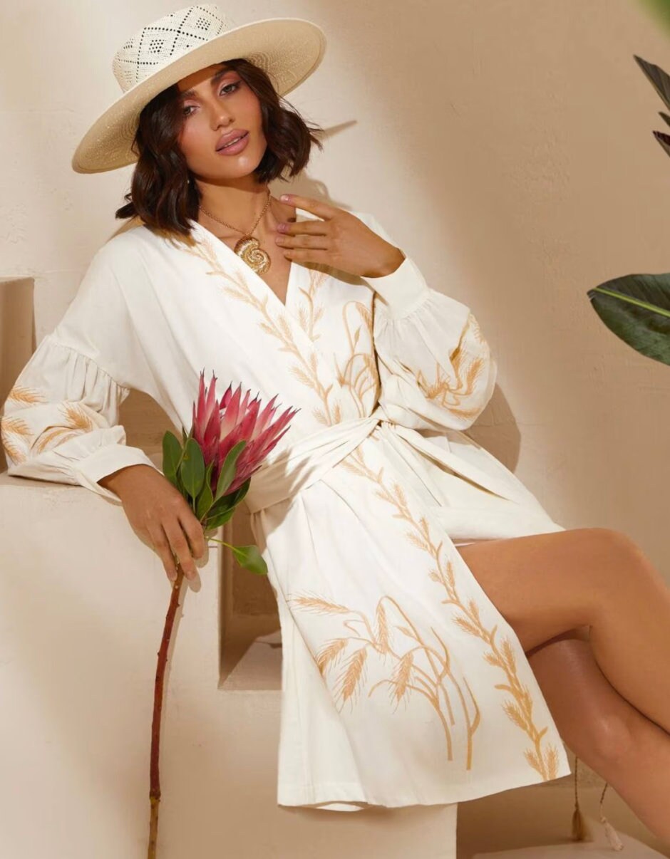 Graceful Cream Wrap Dress with Wheat Embroidery – Modern Vyshyvanka for Summer