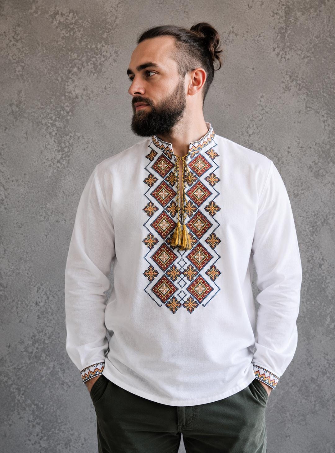 XXS-7XL Traditional Ukrainian Vyshyvanka Shirt With Red Embroidery