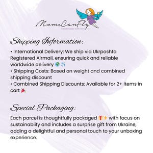 May include: A graphic featuring the text MomsCanFly handmade with love and a cartoon fairy illustration. The image includes sections titled Shipping Information and Special Packaging, detailing delivery methods, costs, and sustainable gift wrapping.