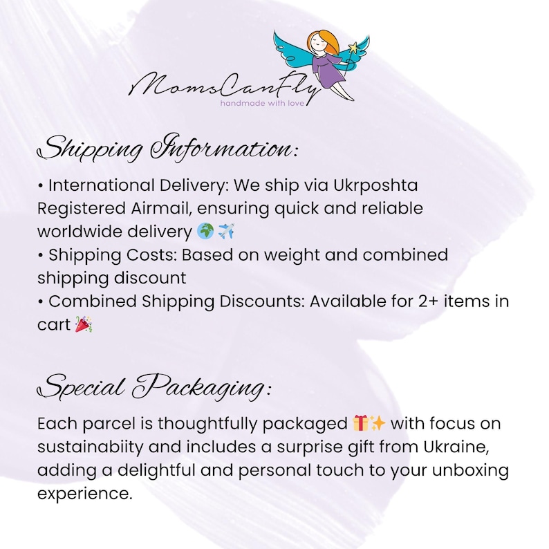 May include: A graphic featuring the text MomsCanFly handmade with love and a cartoon fairy illustration. The image includes sections titled Shipping Information and Special Packaging, detailing delivery methods, costs, and sustainable gift wrapping.