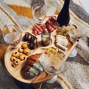 Wine Lover Gift, Large Wooden Folding Wine Picnic Table, Wooden Wine and Snack Serving Tray, Breakfast Serving Table, Wine Caddy