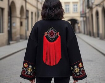 Artisan Boho Vyshyvanka Jacket With Geometric Embroidery and